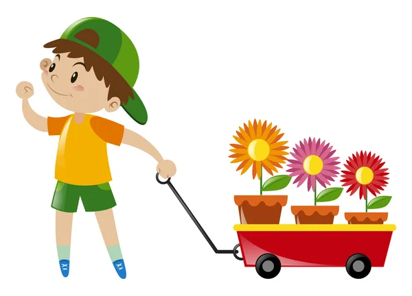 Chłopiec ciągnięcie czerwony wagon załadowany z kwiatami — Wektor stockowy