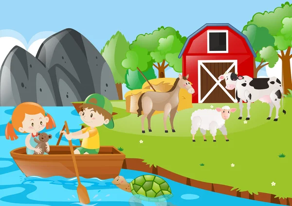 Дети катаются на лодке на ферме — стоковый вектор