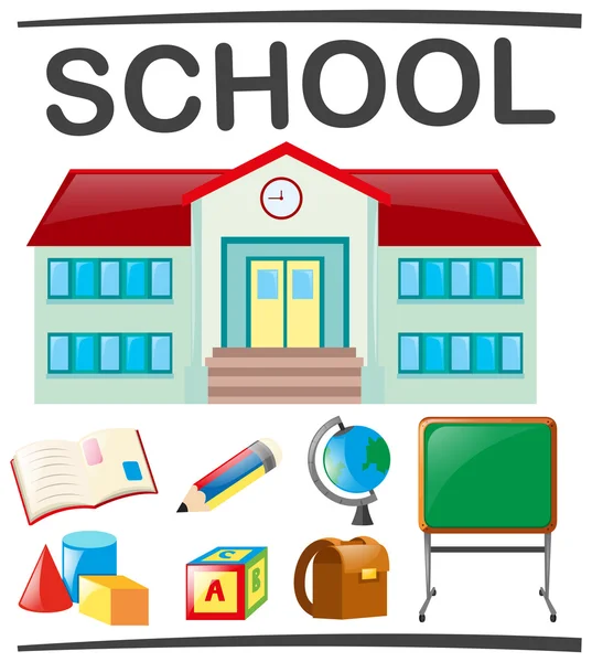 Σχολείο με σχολικό κτίριο και αντικείμενα — Διανυσματικό Αρχείο