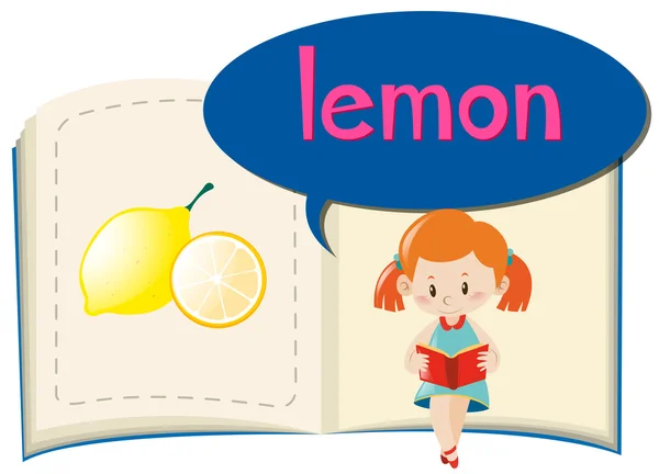 Girl and fresh lemon in the book — Stock Vector