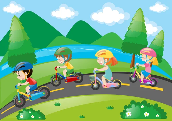 Τα παιδιά ποδήλατο στο πάρκο κατά τη διάρκεια της ημέρας — Διανυσματικό Αρχείο
