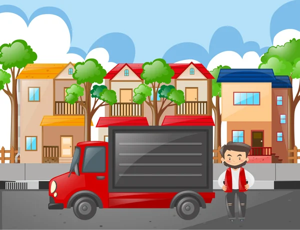 Homem e caminhão vermelho no bairro — Vetor de Stock