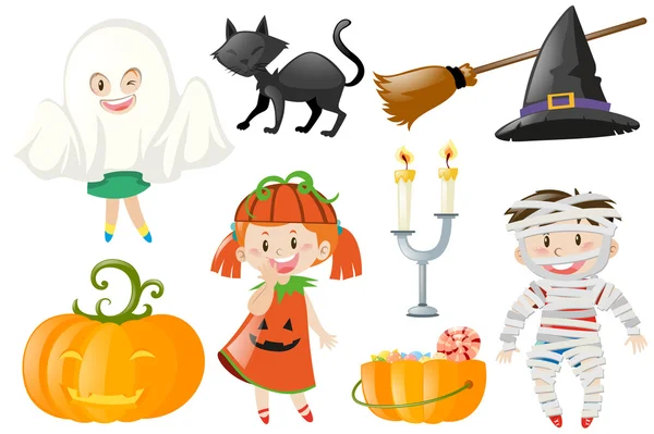 Set de Halloween con niños disfrazados — Archivo Imágenes Vectoriales