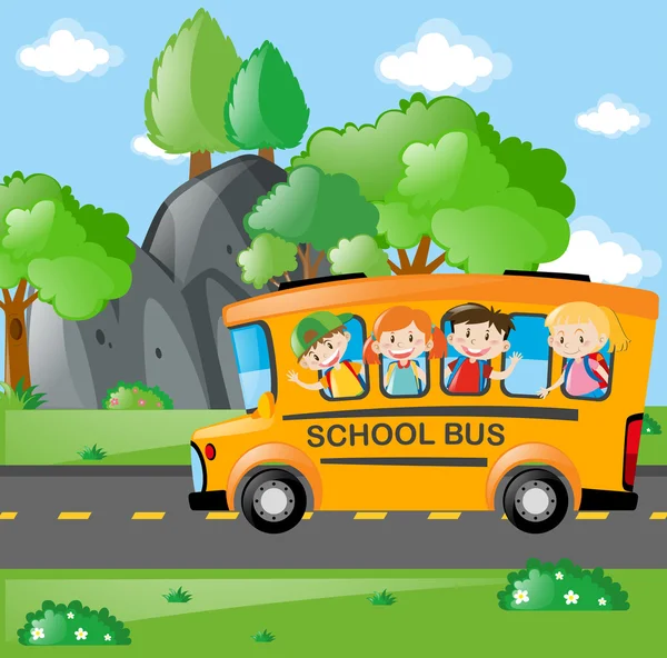 Estudiantes viajando en autobús escolar a la escuela — Vector de stock
