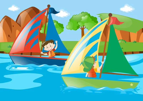 Два мальчика пилили лодку в реке — стоковый вектор