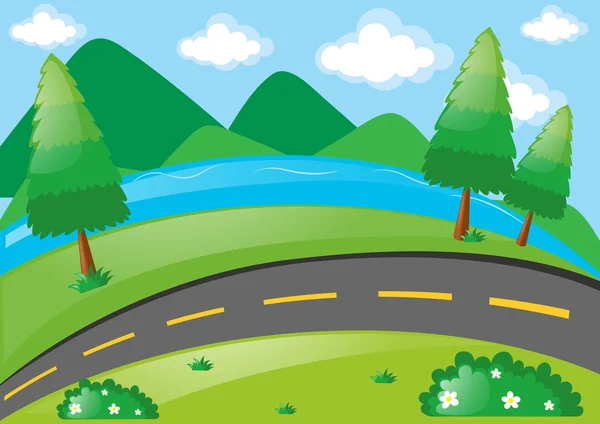 Escena con carretera a lo largo del río — Vector de stock