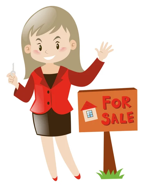 Immobilienmakler und Haus zum Verkauf — Stockvektor