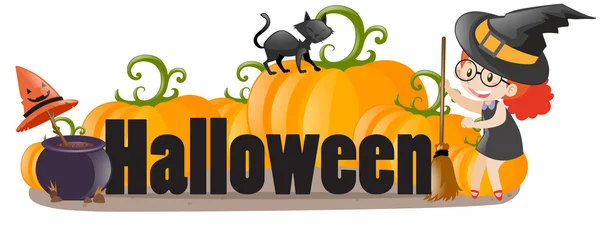 Signo de Halloween con bruja y gato — Vector de stock