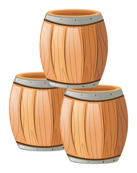 Tres barriles de madera sobre blanco — Vector de stock