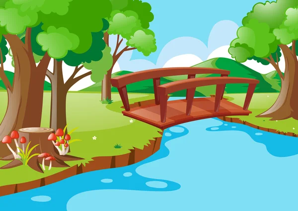 Escena natural con puente que cruza el río — Vector de stock