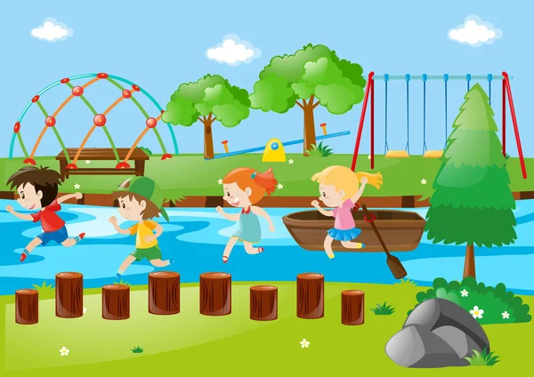 Escena con niños corriendo en el parque — Vector de stock