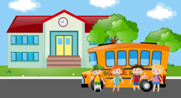 Studenten permanent door schoolbus — Stockvector