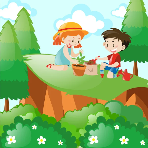 Мальчик и девочка садятся в лесу — стоковый вектор