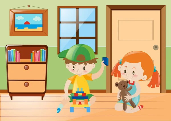 Pojke och flicka spelar leksaker i rummet — Stock vektor