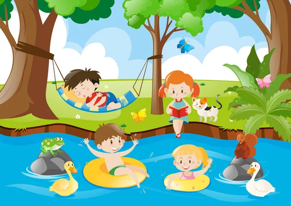 Les enfants s'amusent au bord de la rivière — Image vectorielle