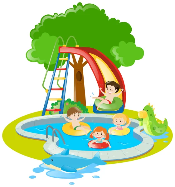 Niños nadando y jugando en la piscina — Vector de stock