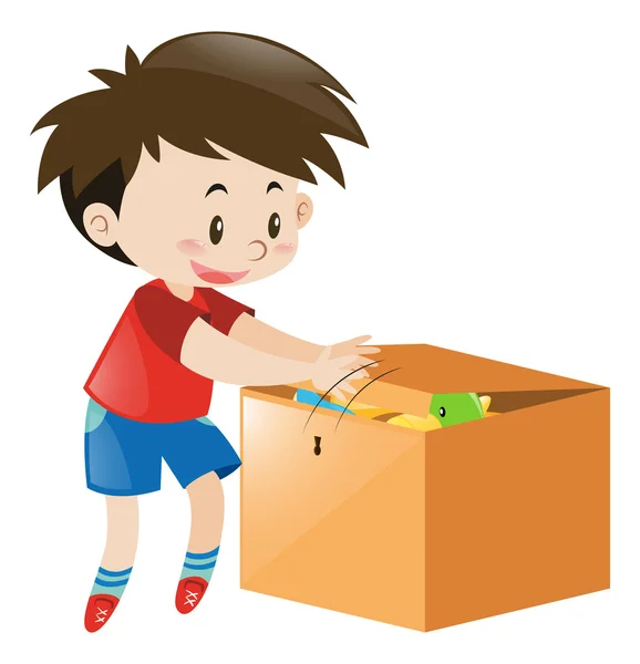 Boy putting things in wooden box — Stock Vector