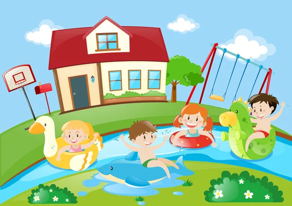 Niños jugando en el río — Vector de stock