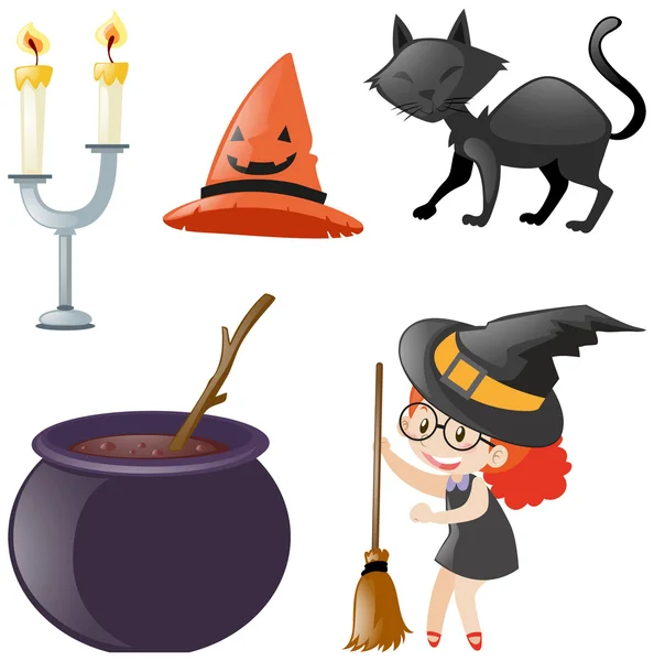 Jogo de Halloween com bruxa e gato preto —  Vetores de Stock