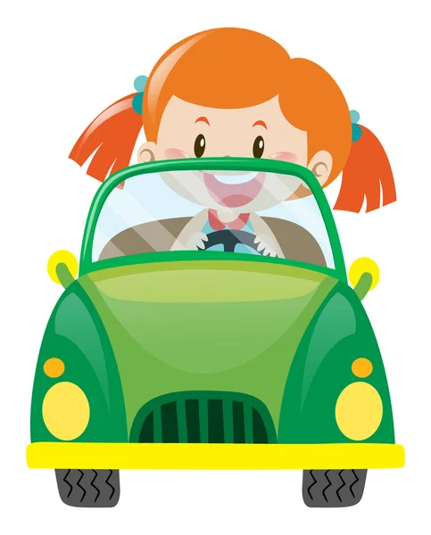 Дівчина керує зеленим автомобілем — стоковий вектор