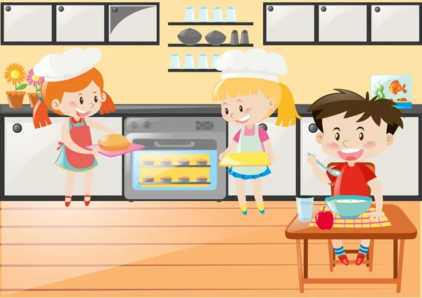 Kitchen scene with girls baking and boy eating — Stock Vector