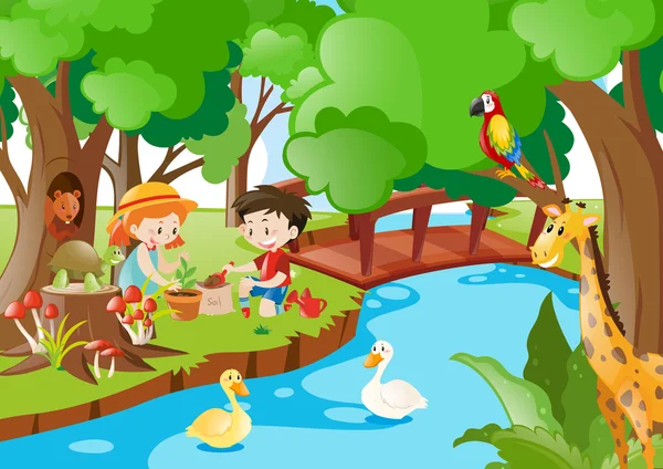 Children planting trees in the woods Royalty Free Stock Vectors