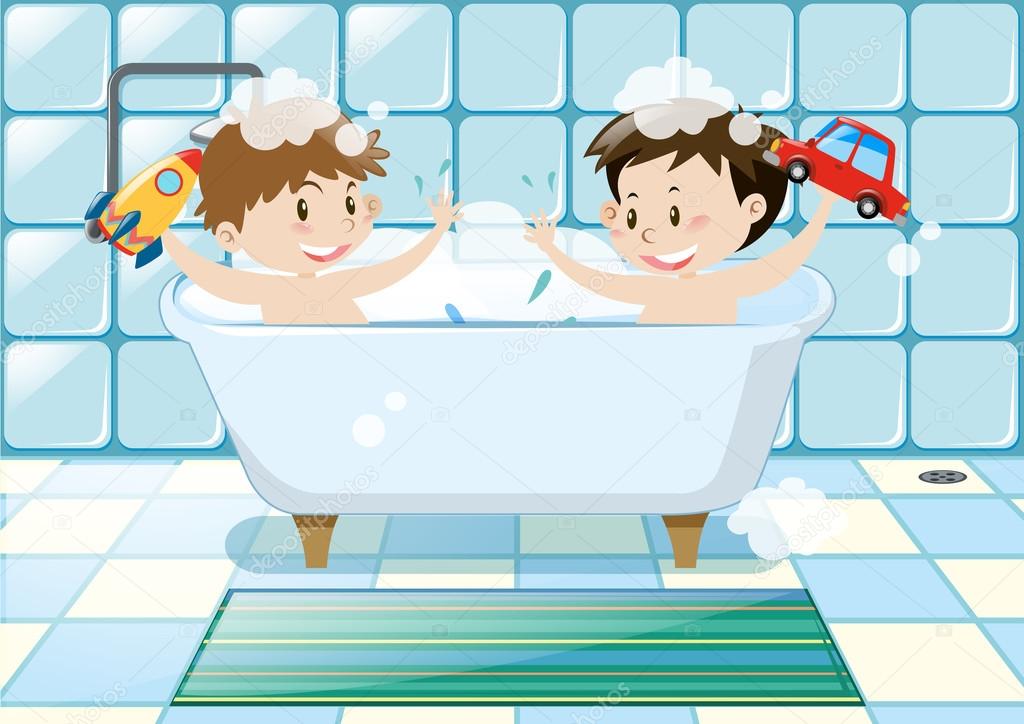 Two boys taking bubble bath