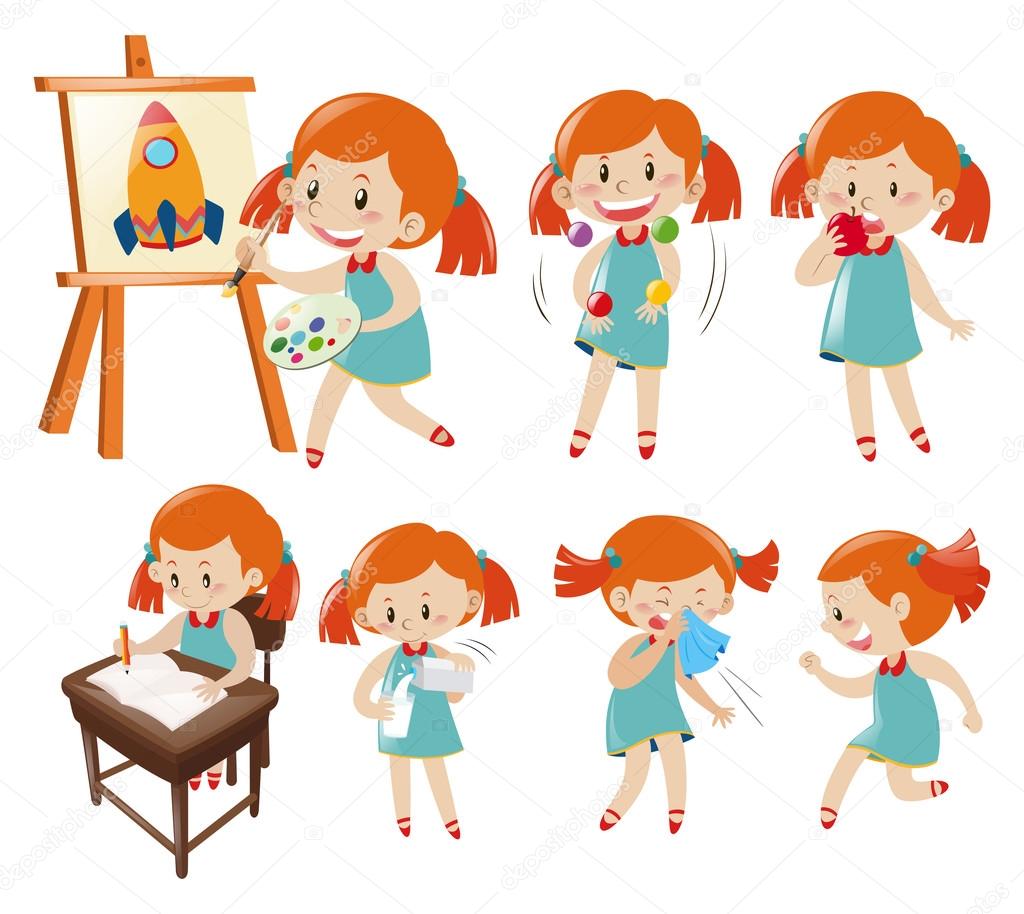 Different actions of little girl in blue
