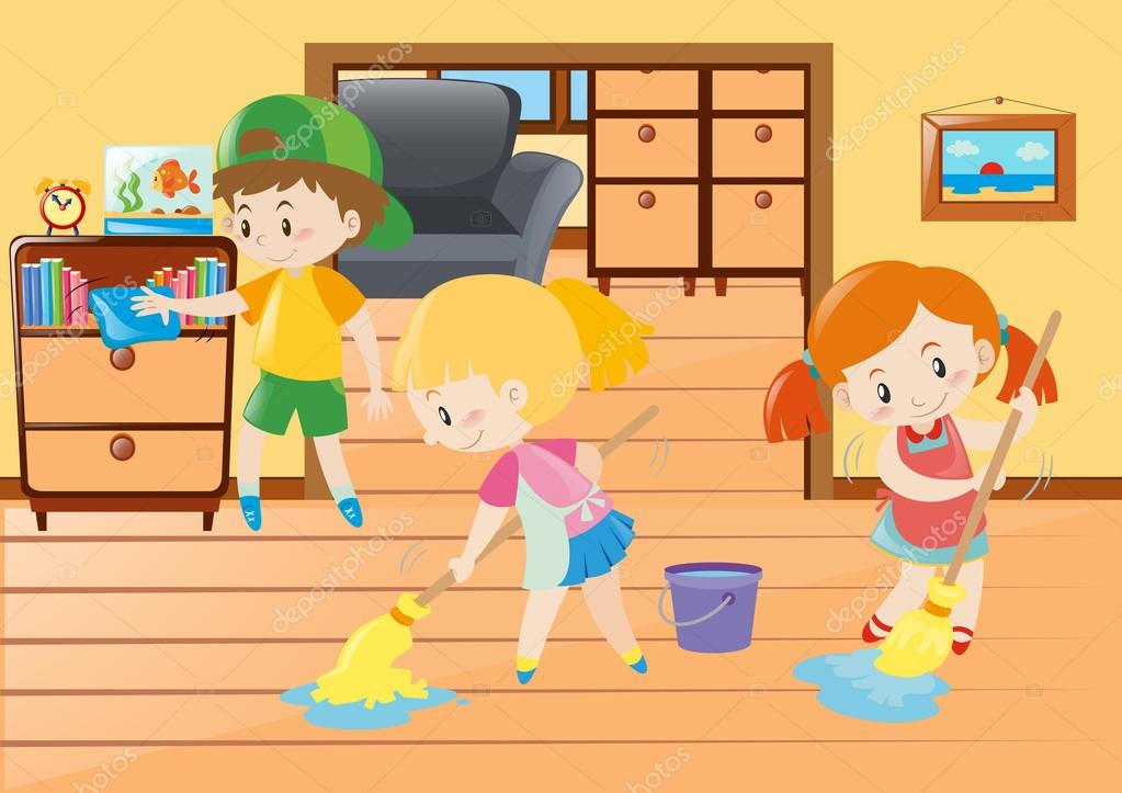 Tres niños limpiando en la casa vector, gráfico vectorial © brgfx
