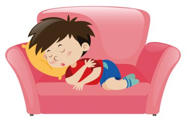 Küçük çocuk pembe kanepede uyuklayan