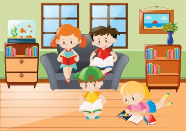 Mutlu çocuk odasında kitap okuma