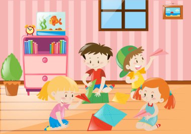 Dört çocuk odasında kağıt katlama