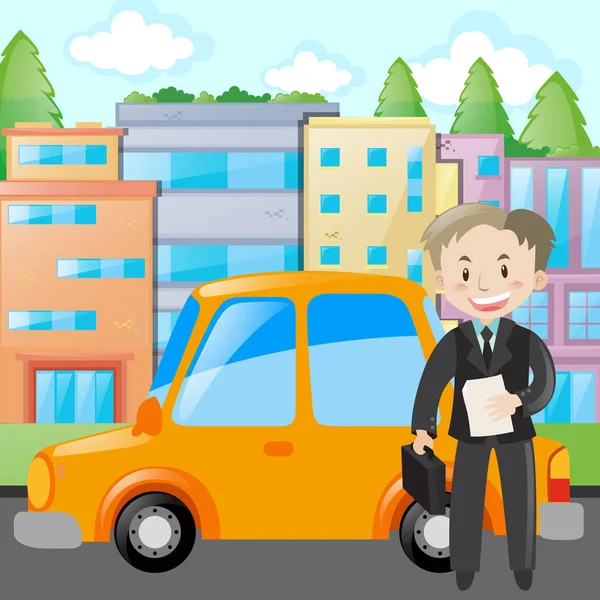 Businessman standing by yellow car