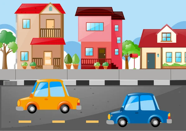 Scène avec des maisons et des voitures sur la route — Image vectorielle