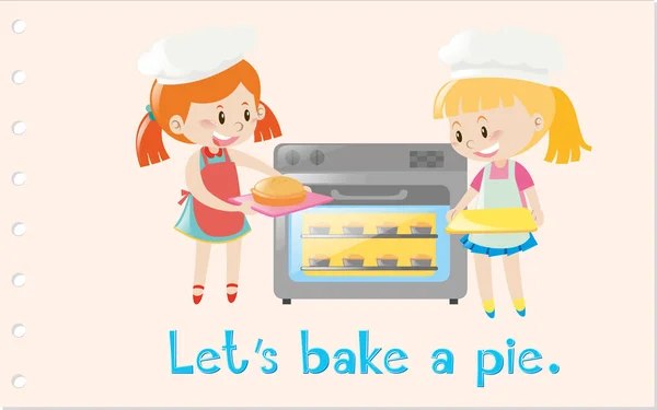 Akcja wordcard z dziewczynami pieczenia ciasto — Wektor stockowy