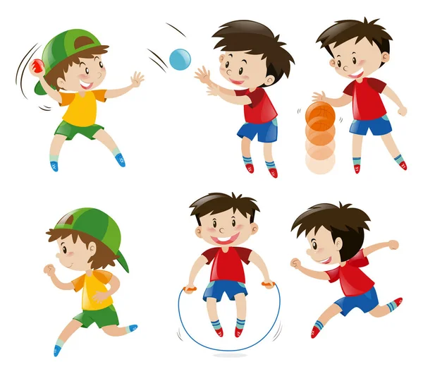 Chlapce hrát s míčem a skákání přes švihadlo — Stockový vektor