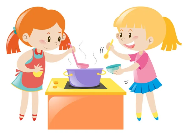 Κορίτσια έχουν τη διασκέδαση μαγείρεμα μαζί — Διανυσματικό Αρχείο