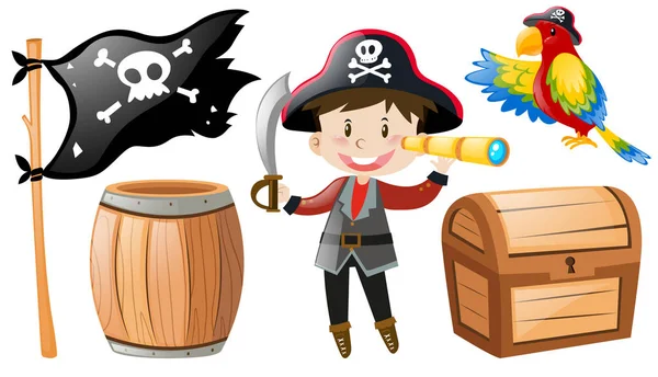 Pirate set with pirate and parrot — Stock Vector