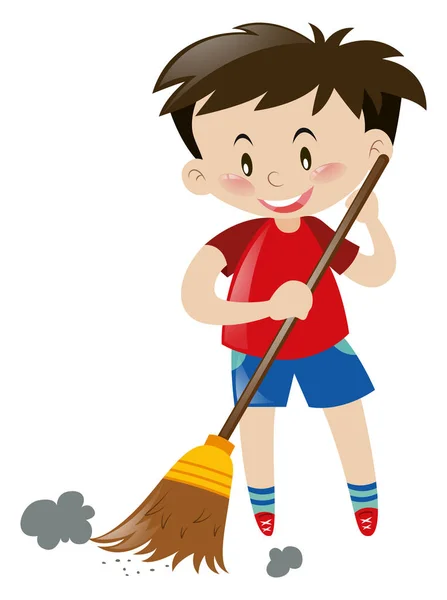 Rapaz varrendo chão com vassoura —  Vetores de Stock