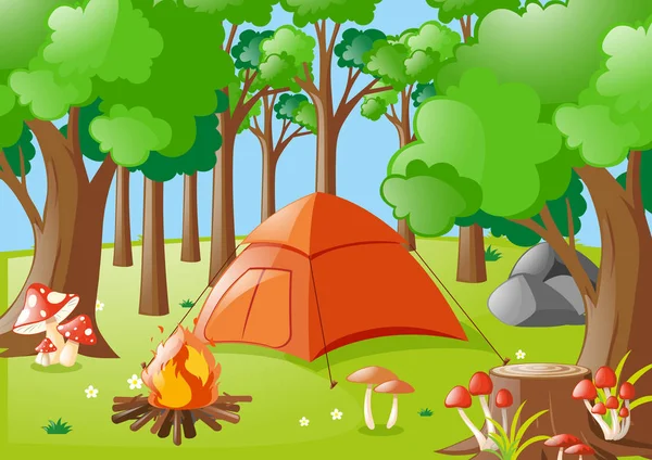 Waldszene mit Lagerfeuer und Zelt — Stockvektor