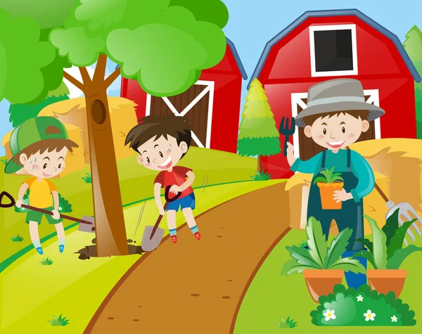 Boys and gardener planting trees Stock Illustration