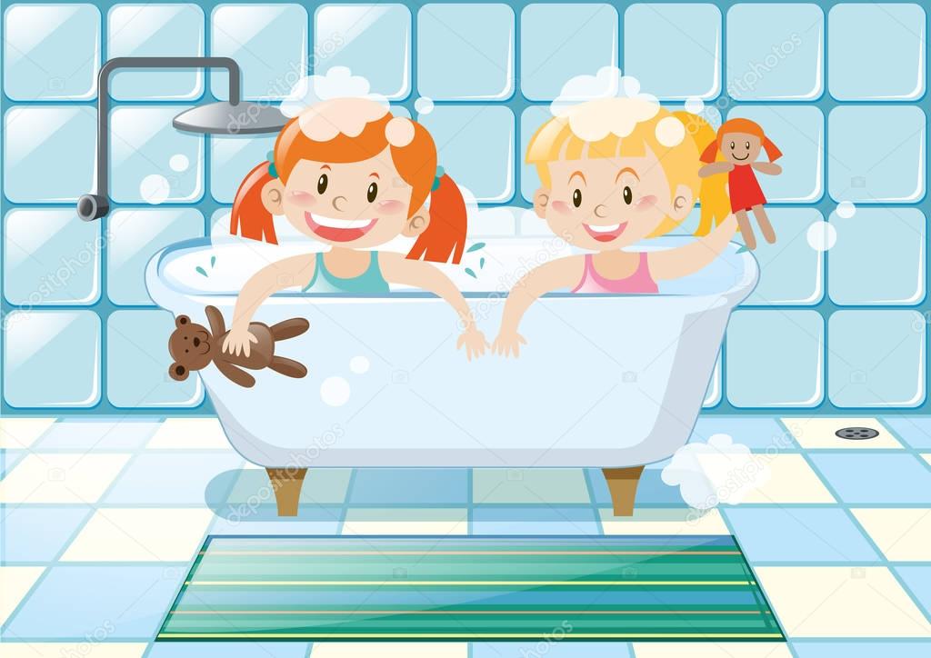 Two girls taking bubble bath