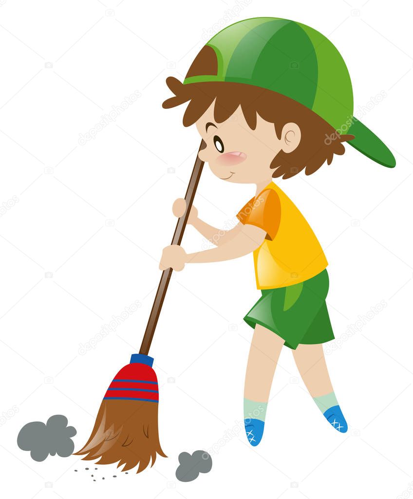 Niño barrer piso con escoba — Vector de stock © brgfx 129148994