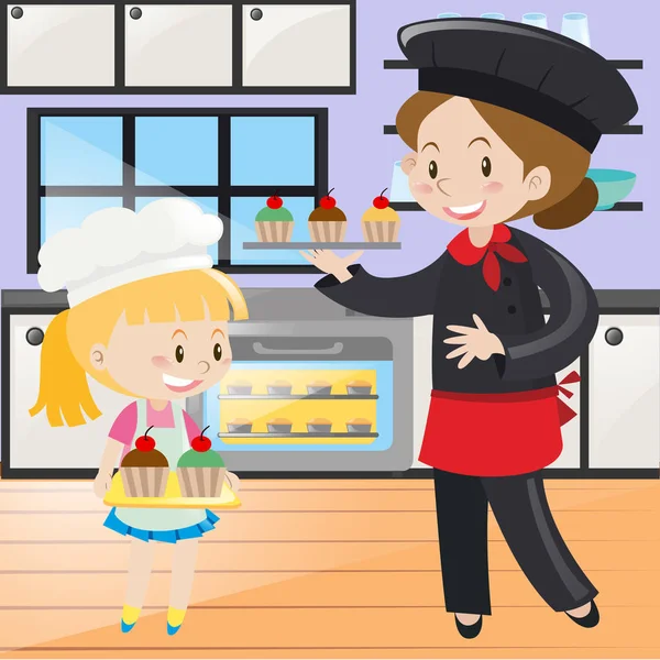 Chef y niña en la cocina — Vector de stock