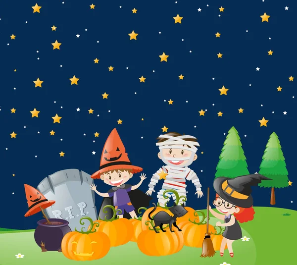 Niños en la noche de Halloween — Vector de stock