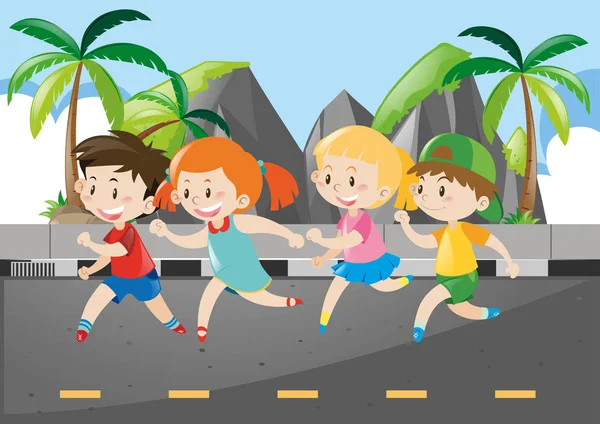 Cuatro niños corriendo en la carretera — Archivo Imágenes Vectoriales