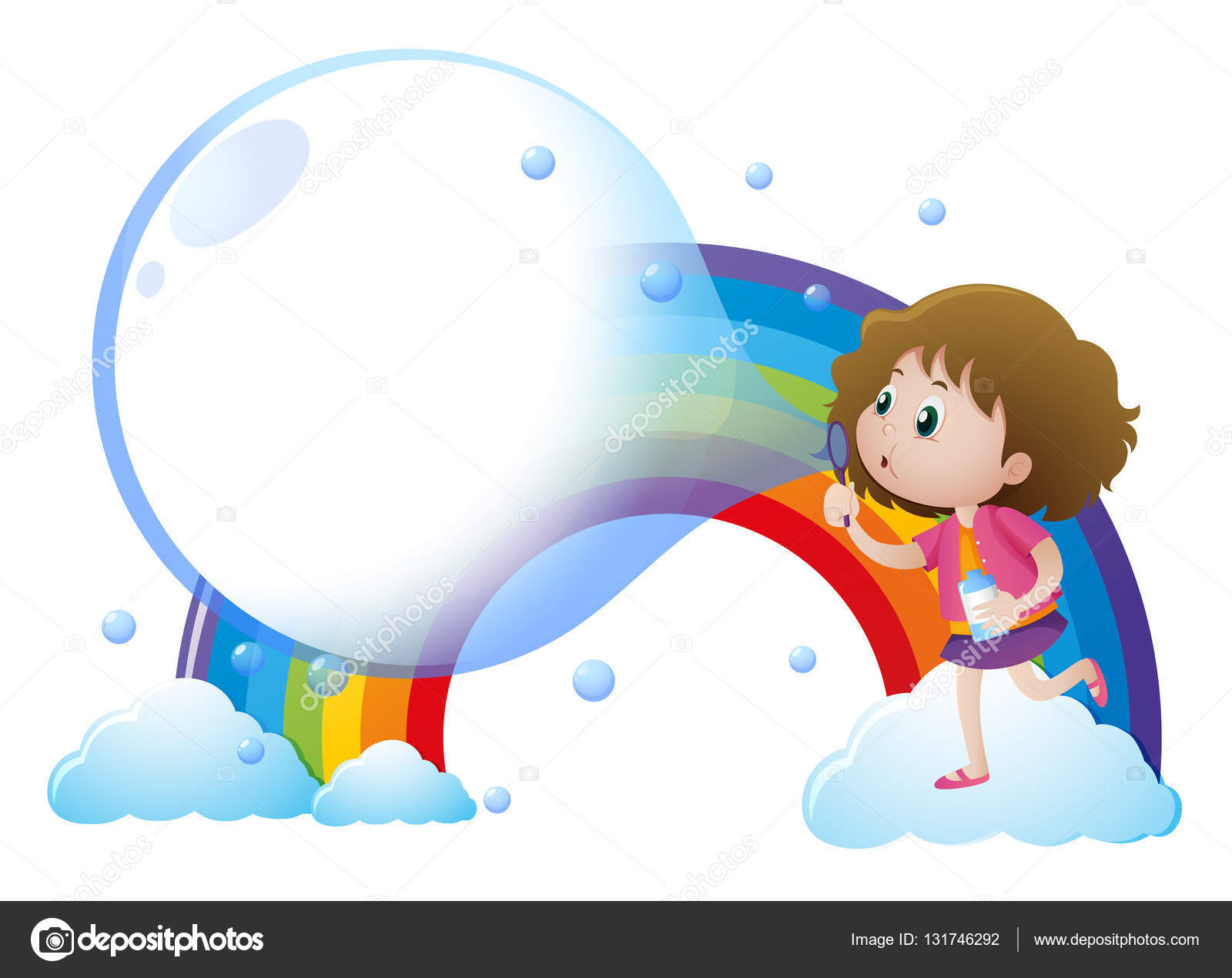 Little girl blowing bubbles with rainbow background Stock Vector by ©brgfx  131746292, image size:1024x812