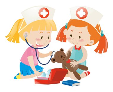 Hemşire bebek ile oynayan çocuklar