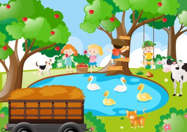 Çiftlik sahne elma toplama çocuklu