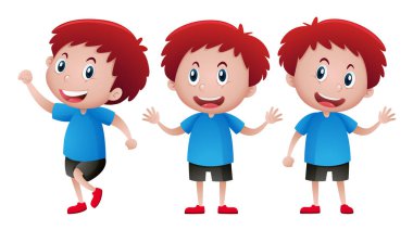 Üç farklı eylem mavi gömlekli çocuk